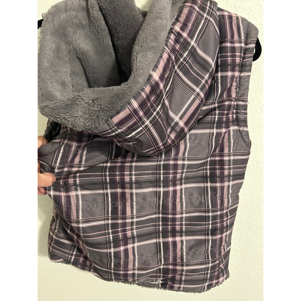 O'Neill Womens Plaid Hooded Puffer Vest Faux Fur Lined Grey Purple Large L - Picture 4 of 8